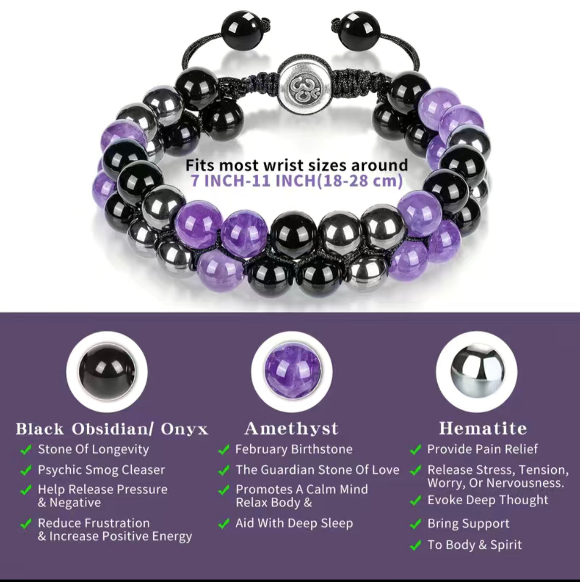 Amethyst Black Obsidian Hematite adjustable Triple Protection Bracelet