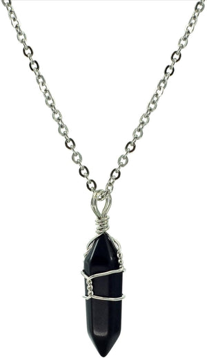 Black Obsidian and Silver-Wrapped Pendant Necklace