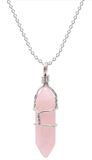 Rose Quartz and Silver-Wrapped Pendant Necklace